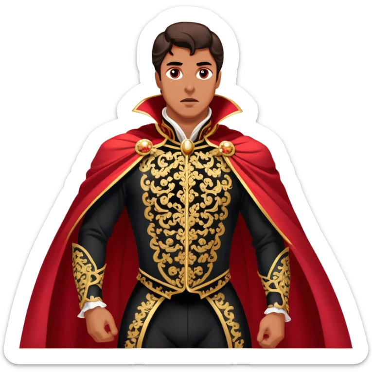 Spanish Matador – Cinematic Realistic Spanish Matador, portrayed in an ornate traje de luces with a flowing red cape, standing poised in a classic bullring with swirling dust and dramatic light, his intense expression and elegant stance capturing both bravery and artistry. sticker