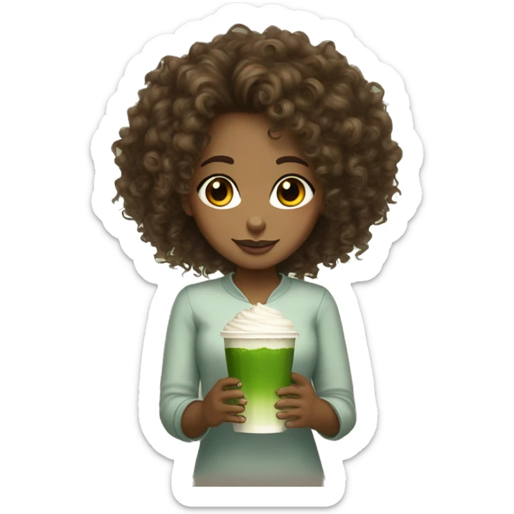 Brown girl curly hair brown eyes, white skin with glass of matcha sticker