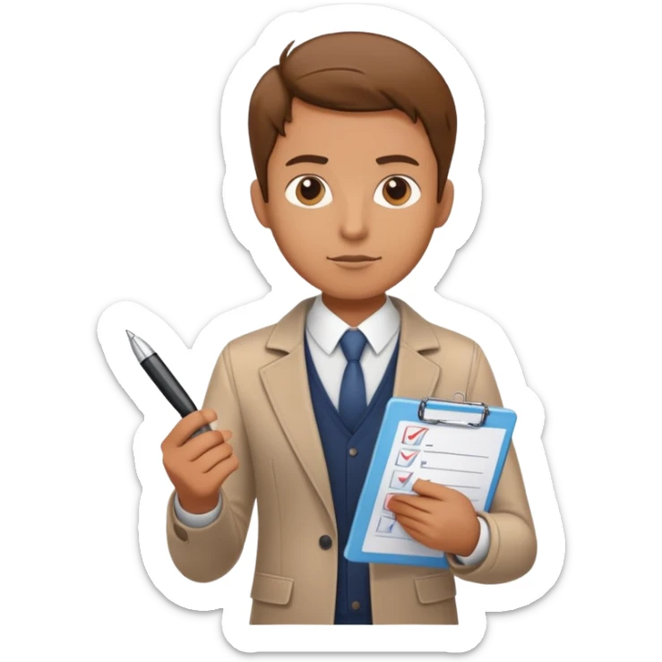 a person holding a checklist and pen, wearing smart casual clothing. The character is in a focused pose sticker