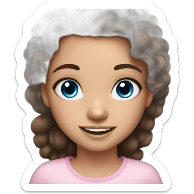 girl with dark brown hair, blue eyes, freckles, and cute makeup smiling sticker