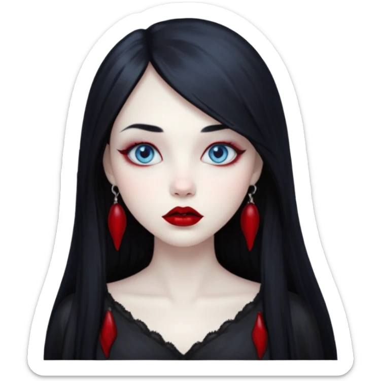 Gothic girl, pale ghost skin, light blue eyes, red round lips and long straight black hair. sticker