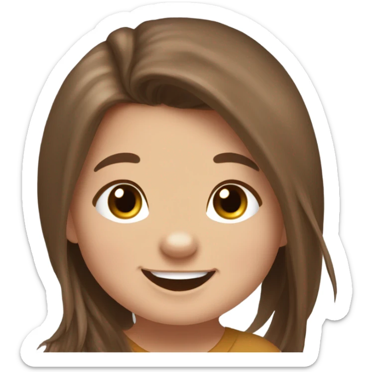 happy baby white girl with long brown hair kind of messy hair, grins with to capybara sticker