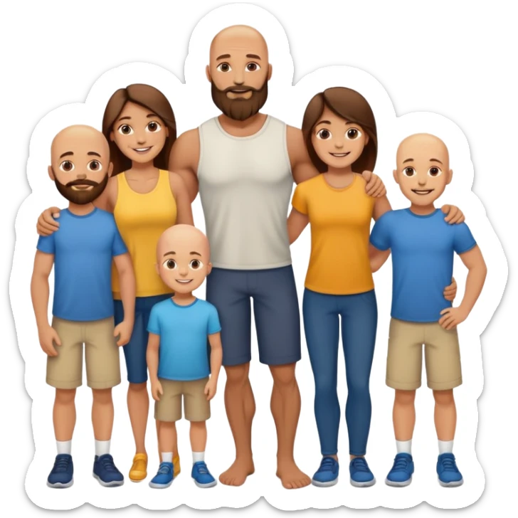Family picture of Muscular Bald beard man with his wife long brown hair and 3 sons sticker