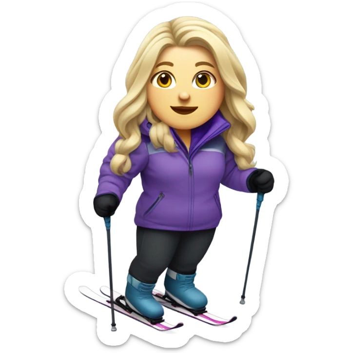 Chubby female long blonde hair skier with purpley-grey jacket and black pants showing whole body in high resolution sticker