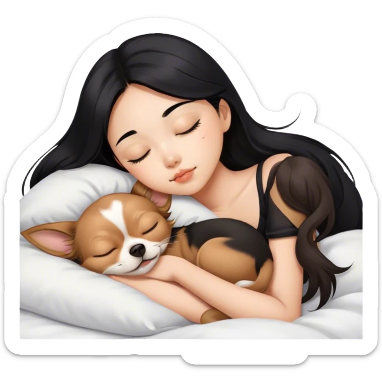 Coquette teenage cute asian black hair girl sleeping with brown longhair chihuahua  sticker