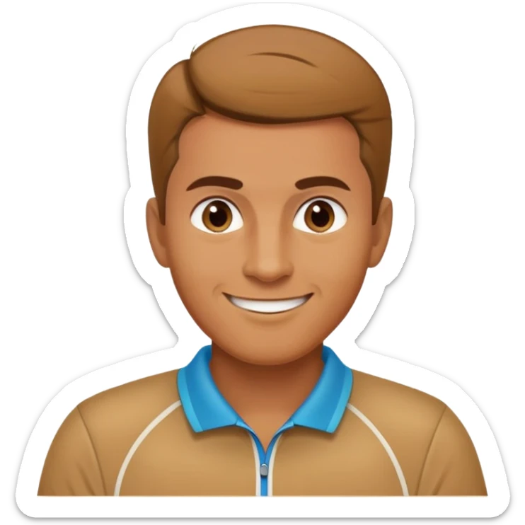 caramel brown Chindian male tennis coach, short straight hair with widow's peak, oval face, small eyes, smiling sticker