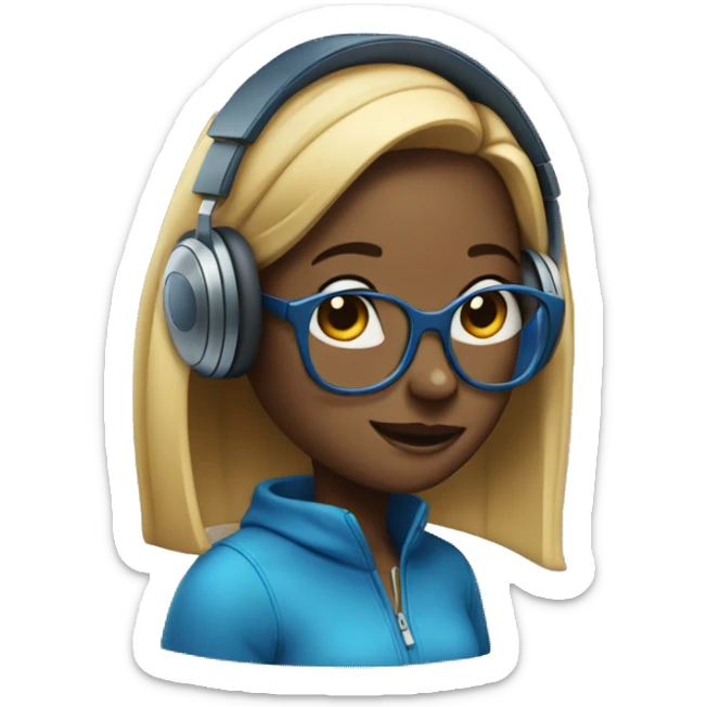 Blue head girl with straight hair and big glasses and headphones sticker