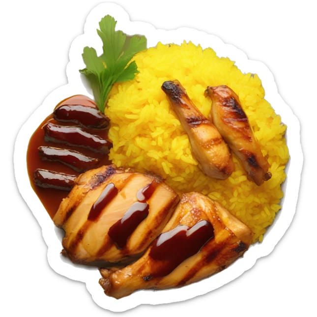 A plate of yellow rice with grilled chicken and bbq sauce on top sticker