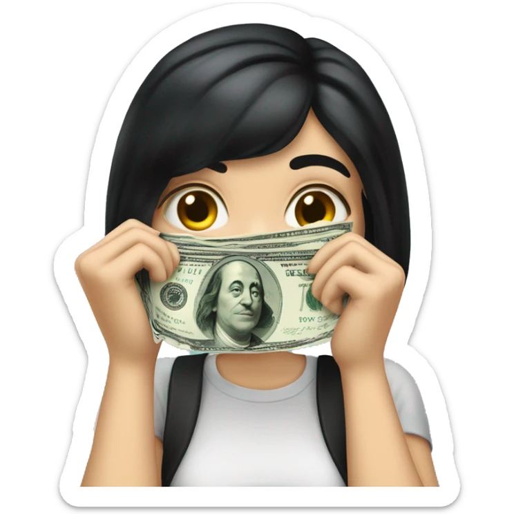White girl with black hair and big lips wipes away tears with a banknote sticker