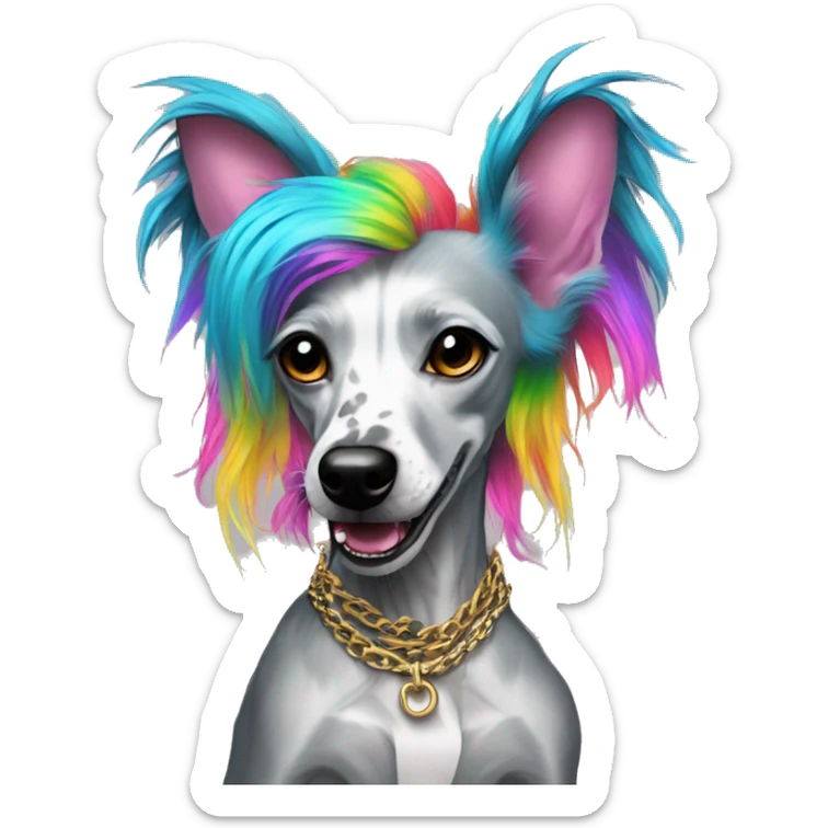 Punk Chinese crested dog neon rainbow hair gold chain punk piercings tattoos punk ear piercings sticker