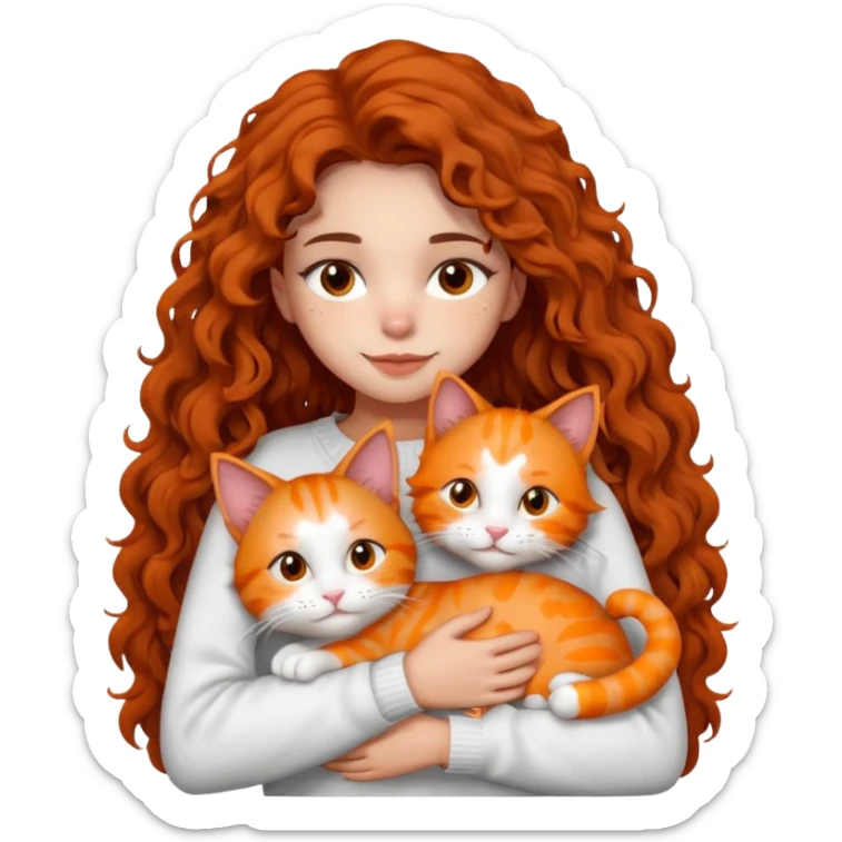 a girl with long dark brown curly hair, wearing a white sweater, hugging an orange cat, a grey Maine Coon, and a white cat with spots, emoji style sticker