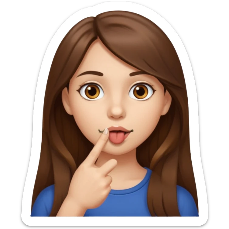 Emoji Fille cheveux long et brun yeux brun avec un doigt dans la bouche comme le truc baka sticker