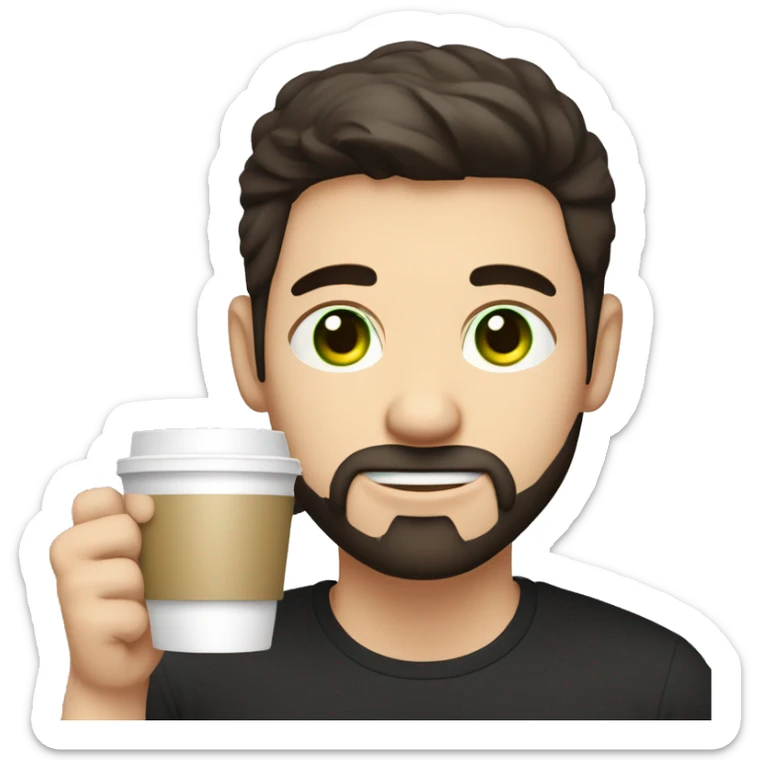 Handsome man with dark hair, holding an cup of coffee, gradient short hair on the side, green eyes. Thin face. Black t-shirt. A little beard. sticker