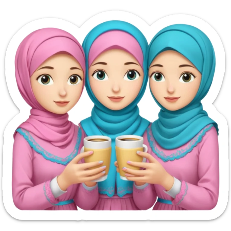 Turkish beautiful finish Konya three girls (friends) blue eyes with pink rose and turkis butter yellow hijab islamic dress and had on her hand turkish coffee   sticker