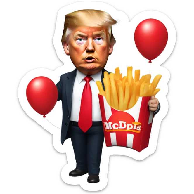 Trump holding McDonald’s French fries and holding a knife in the other hand with a red balloon sticker