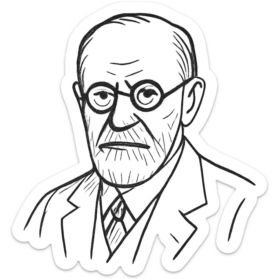 a hand drawn black outline portrait of Sigmund Freud with similar-sized eyes based a famous portrait of him sticker