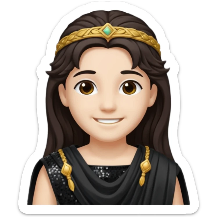 Libera from Roman Deities with long dark brown hair, black sequin toga sticker
