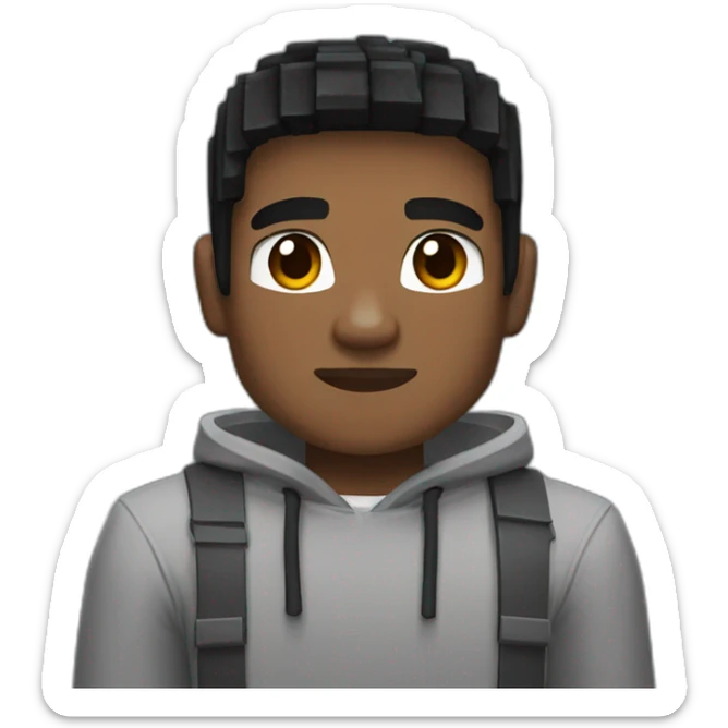 young black-hair man with brown eyes dressed in a gray minecraft hoodie sticker