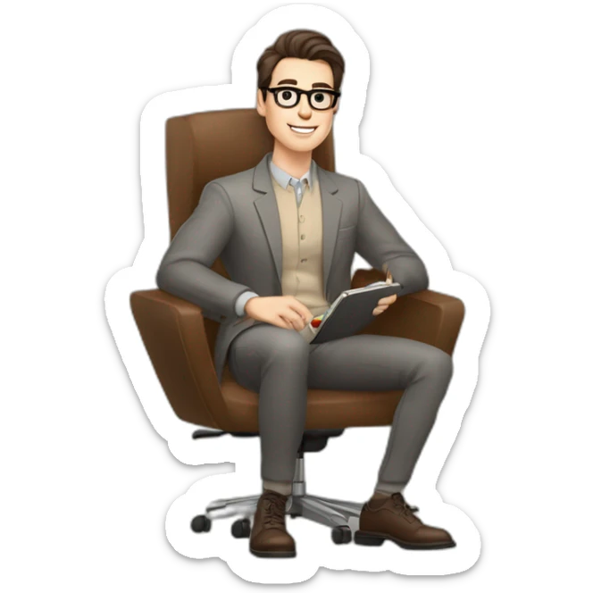 Pale skinned Fit Man With dark brown hair in gray jacket, beige office shirt, Brown pants and vintage glasses sitting In a soft chair with a notebook on spring with emblem Ψ and a pen sticker