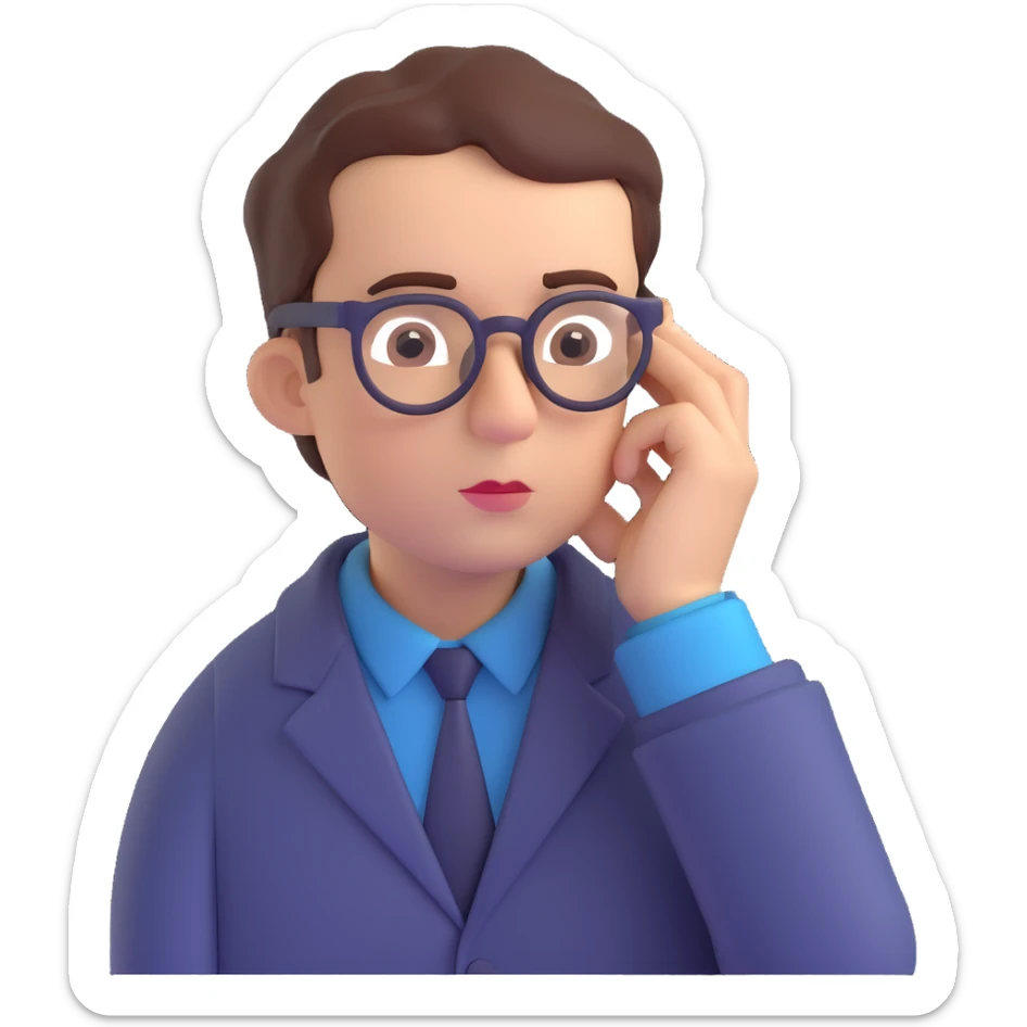 a man with glasses, deep in thought, hand on cheek, 3D style sticker