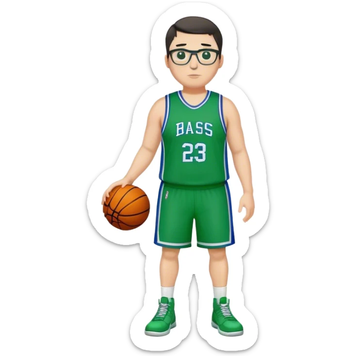 Full Body plus size tall white male with dark short hair basketball player wearing glasses wearing blue  with green uniform sticker