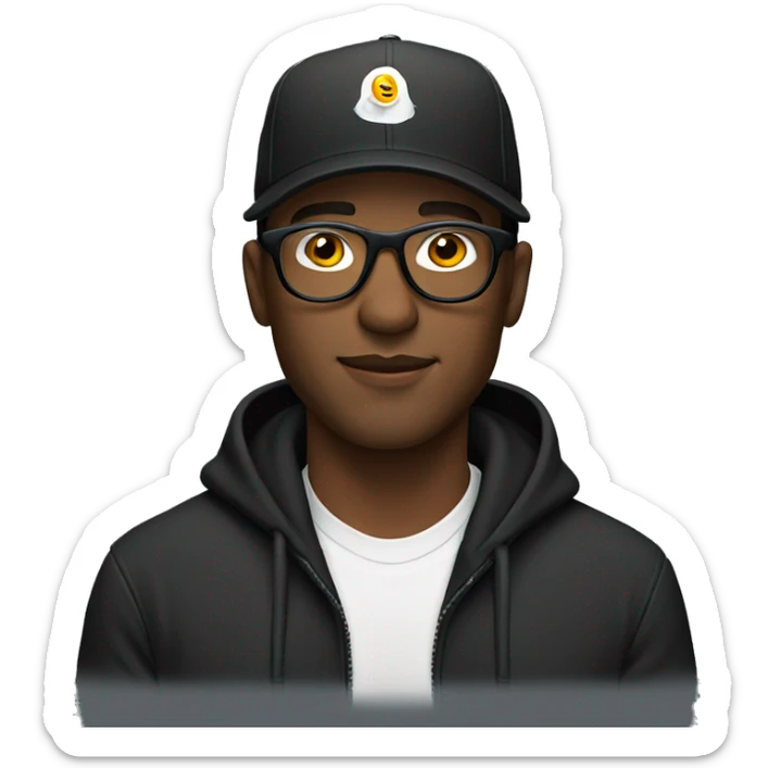 a man wear black hoodie and trucker hat and clear glasses sticker