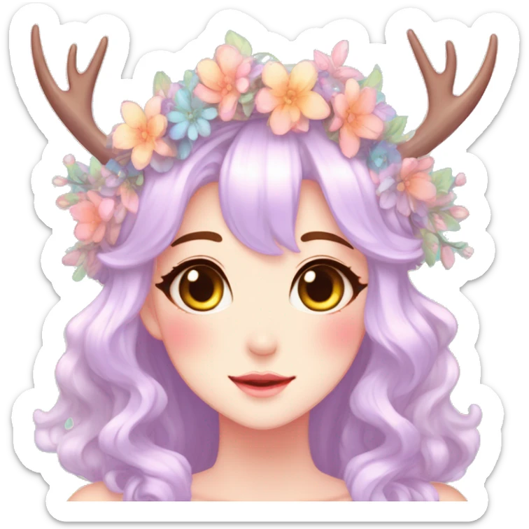 Gorgeous Shiny Colorful Pastel Anime Style Mature Lady with blushing face and pretty hair with a flower crown and antlers pastelcore kawaii cottagecore fairycore aesthetic trending style sticker