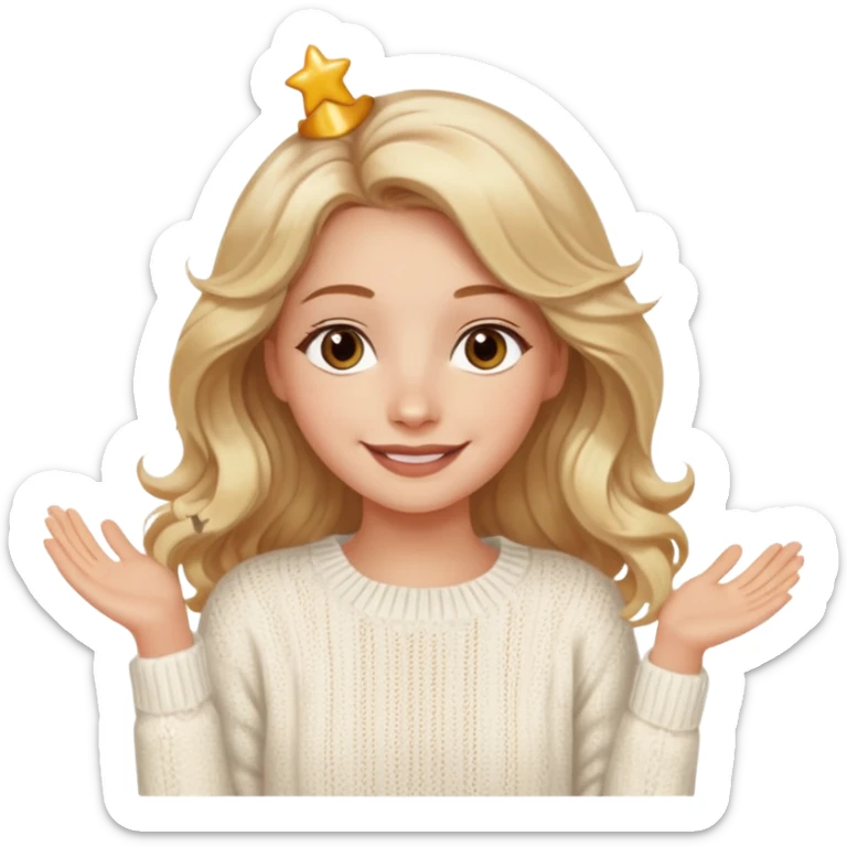 A pretty white girl with hazel brown eyes and long  down and blonde wavy hair in a cosy white knit sweater, she is celebrating her birthday and is happy sticker