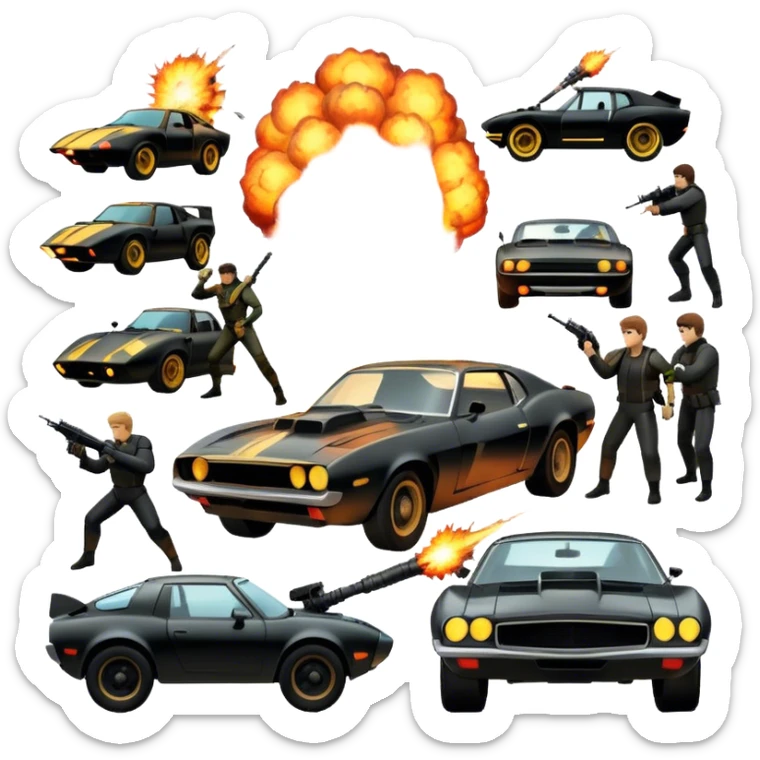 Photorealistic Icon for Action Movies: Dynamic collage of iconic action movie scenes featuring explosions, fast cars, combat, and weapons. Include silhouettes of famous action heroes, dramatic lighting, and a sense of high-octane energy. Transparent background. sticker