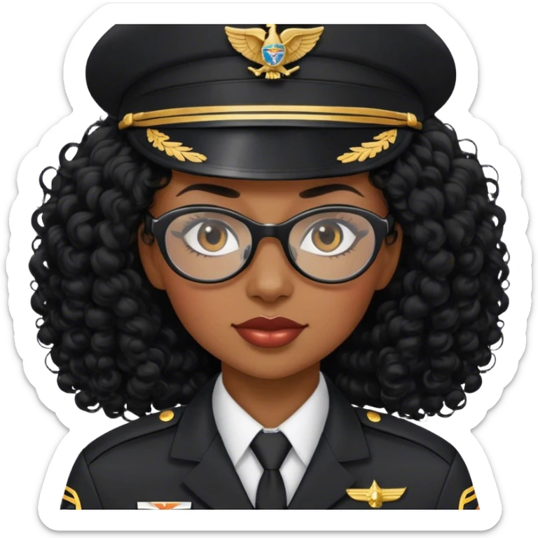 femme pilote d'avion en uniforme noir aux cheveux bouclés noir et petites lunettes arrondis identique avec des cheveux très long et la peau noir mais légèrement plus claire  sticker