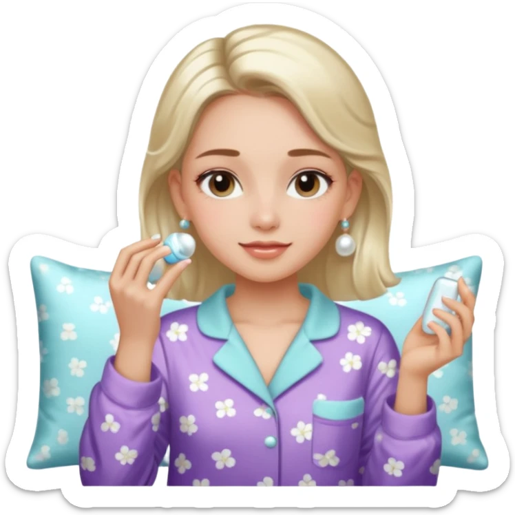 Clean girl aesthetic emoticons, apply skincare products, pearl earrings, glowing skin, pajamas, soft lighting sticker