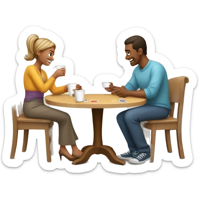 An emoji of a family—mother, father, and child—sitting at a table, playing a cup game with paper cups arranged on the table as they have fun together sticker