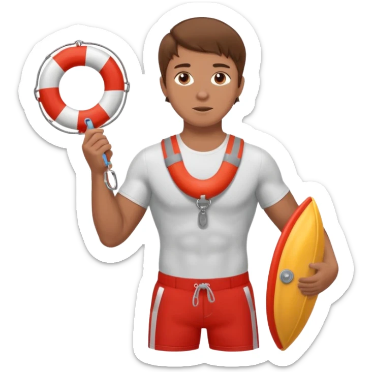 Muscular lifeguard teen boy with rescue buoy and whistle brown hair sticker