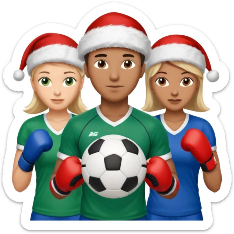 3 atletas, um homem no meio e duas mulheres com cores de pele diferentes, usando elementos esportivos, bola de futebol, luvas de luta e bola de vôlei. Coloque um chapéu de papai noel das cores verde e com roupas azul e branco sticker