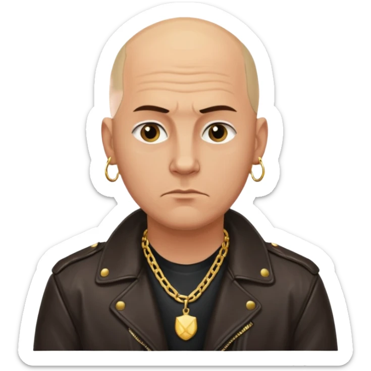 Bald Russian 1990s gangster emoji, leather jacket, gold chain, serious face sticker