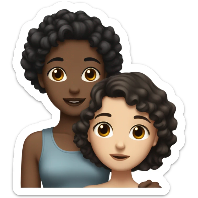 Tall Pale white girl with black wavy hair and brown eyes hugging a Tall Tan girl with black short curly hair and brown eyes  sticker