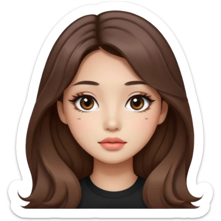 “korean straight brown hair Emoji girl, soft eyeliner and blush, gradient lips, light brown shimmer eyeshadow, long wavy hair,  sticker