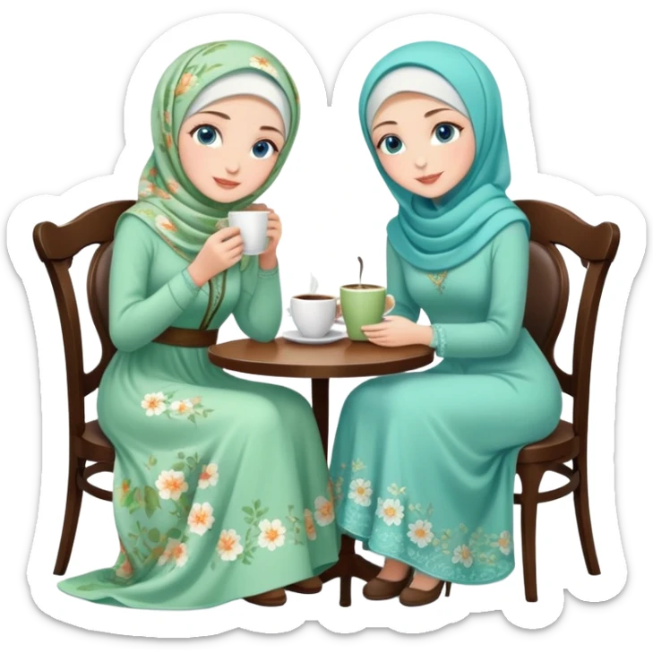Turkish beautiful finish Konya girls blue eyes with Beautiful light green floral hijab long tail dress and the two friends in a white lovely coffeehouse sits on the chair on the ground and holds cup coffe with her hand  sticker