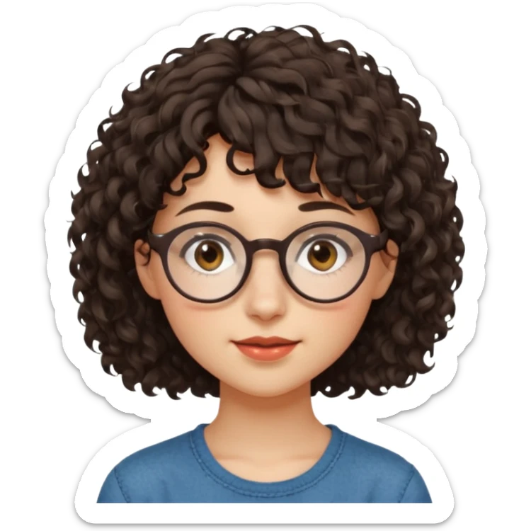 Koyu renk, dağınık kıvırcık saçlı, kısa kahküllü, yuvarlak gözlüklü ve büyük kahverengi gözlü bir genç kadının yüzünü gösteren emoji tarzı illüstrasyon. Hafif bir gülümseme veya tatlı bir sırıtış ifadesi var. Cilt tonu açık. sticker