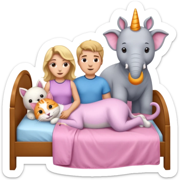 Brown wavy hair girl with blonde guy in a bed with an elephant, orang cat, polar bear, and pink unicorn  sticker