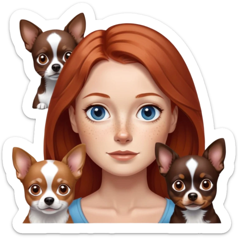 Woman with red, shoulder-length hair, gray-blue eyes, and freckles
4 Chihuahuas: one chocolate tan, one chocolate merle, one black and white, in brown and black sticker