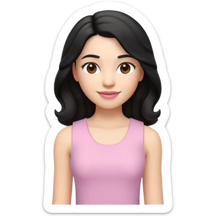 3D-style emoji or Memoji of a young woman. She has long, slightly curly black hair parted in the middle, large lazel eyes, arched eyebrows, and soft pink lips. She’s wearing a white, sleeveless top and is smiling gently. The overall style is clean, modern. sticker