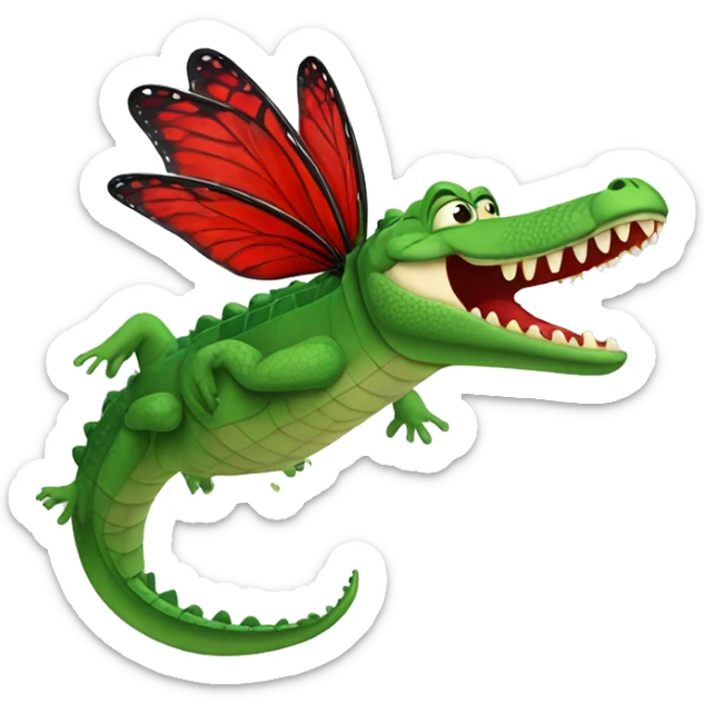 An animal similar to a green crocodile but with red butterfly flies sticker