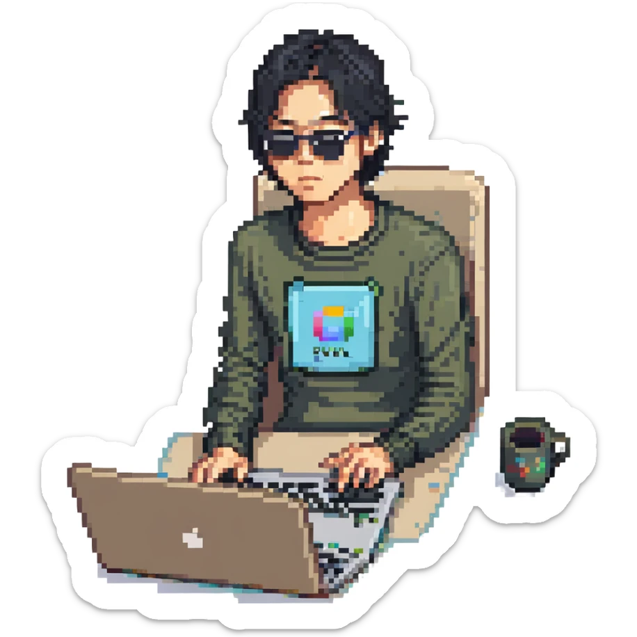 Pixel art of an Asian guy with black hair and sunglasses, seated at a laptop sticker
