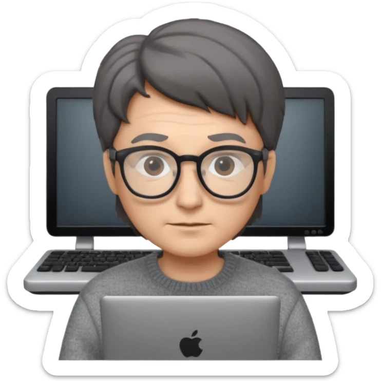 Profesor de pelo gris marrón oscuro con gafas un  jersey gris y un ordenador los óleos son marrones con poca cantidad de pelo sticker