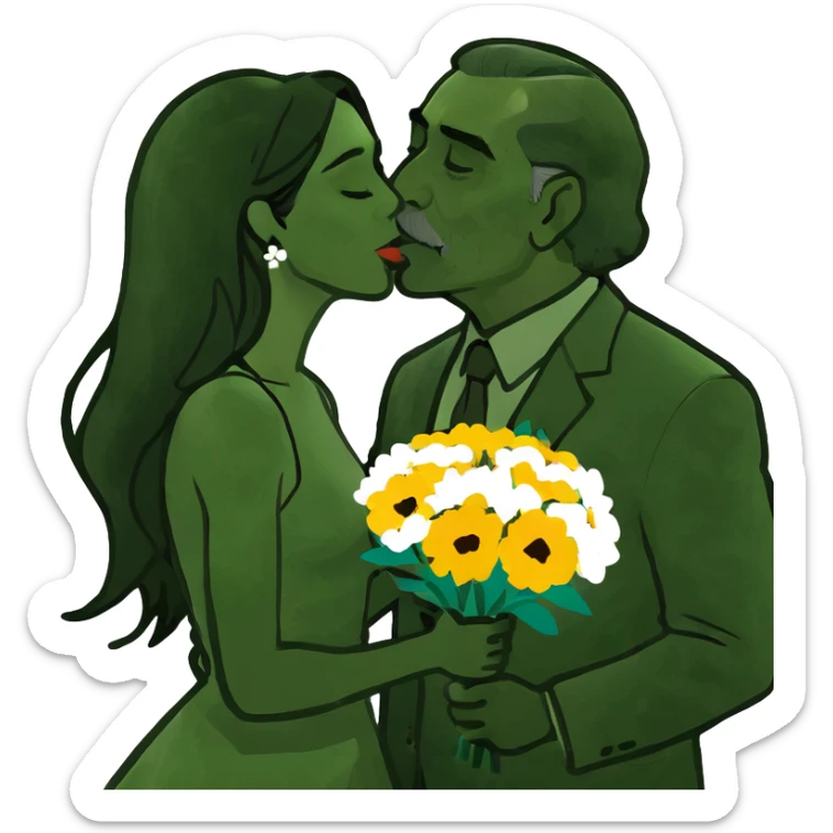Beautiful woman with long dark hair, kissing a older Hispanic man sticker