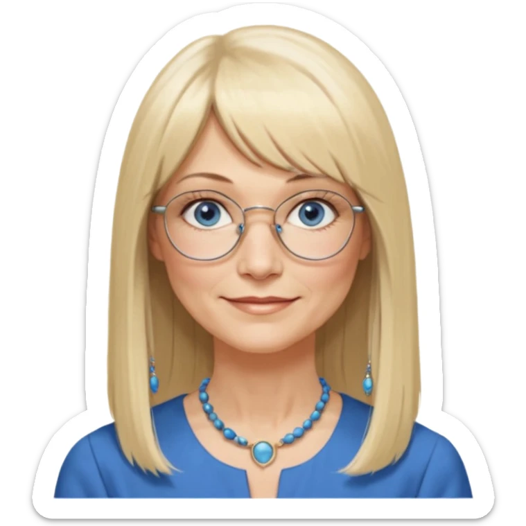 50 yr old white woman, hippie parted very long hair, short bangs, very long straight blond hair, oval face, small smile, blue eyes, thin face, hair downback, hair parted at center of head, round cheeks, pale, longer hair, business dress, long hair, big glasses sticker