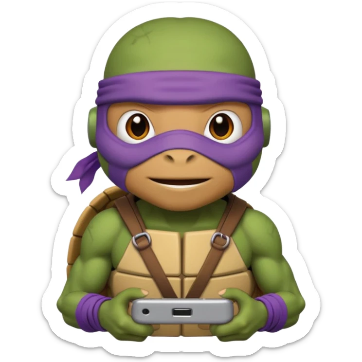 Donatello from Teenage Mutant Ninja Turtles, emoji style, head only, cute minimalistic style, with a tech gadget sticker
