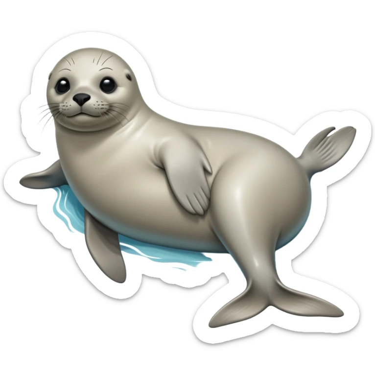 cinematic-seal-realistic-full-body-lounging-emoji,-sleek-body-stretched,-short-smooth-fur-glinting-in-the-sea-breeze,-flippers-tucked-comfortably-beneath-its-body,-large-dark-eyes-filled-with-playful-curiosity sticker