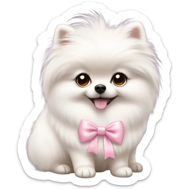 A white little Pomeranian with a cute little light pink bow on her hair sticker
